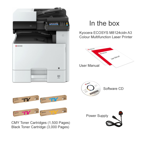 Kyocera ECOSYS M8124cidn A3 Colour MFP with 2x 500 Sheet Paper Cassette Trays & Cabinet  + BONUS SET OF GENUINE TONER + 3Y WTY (24PPM) - The Printer Clinic